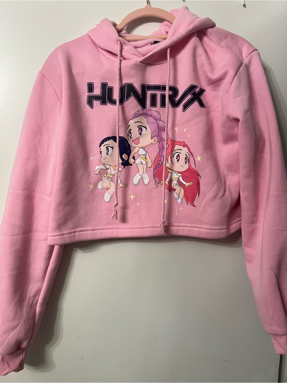 Pink Cropped Hoodie with Anime Character Graphic